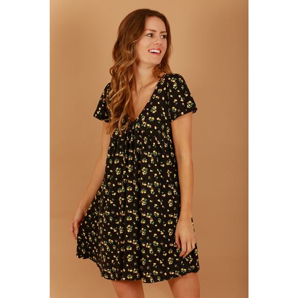 Black  Yellow V Neck Floral Mini Dress - Large - Picture 2 of 3